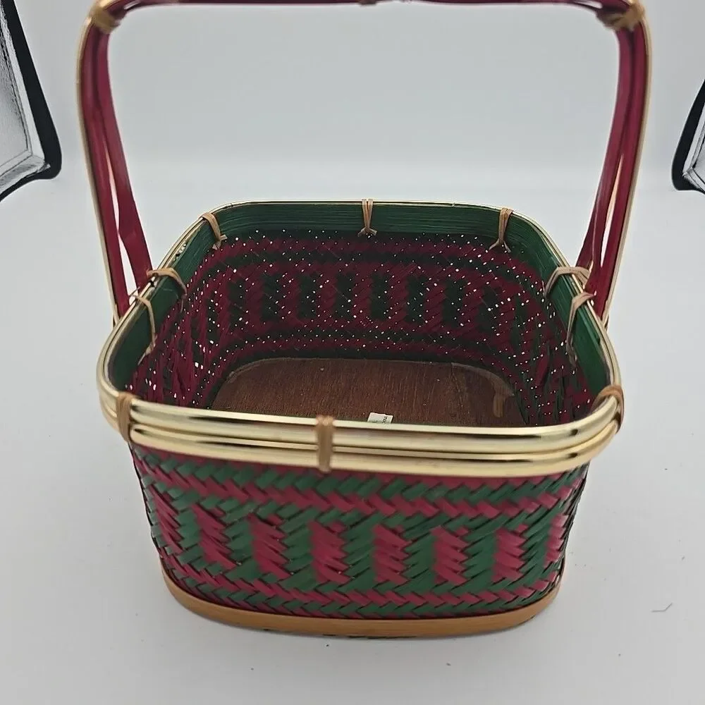 Vintage Red & Green Woven Basket Handmade 6.5
